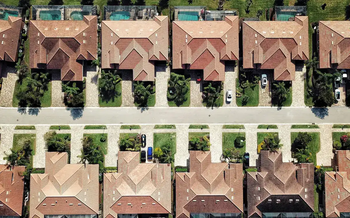 Rows of tile roofs in a Florida subdivision seen from above