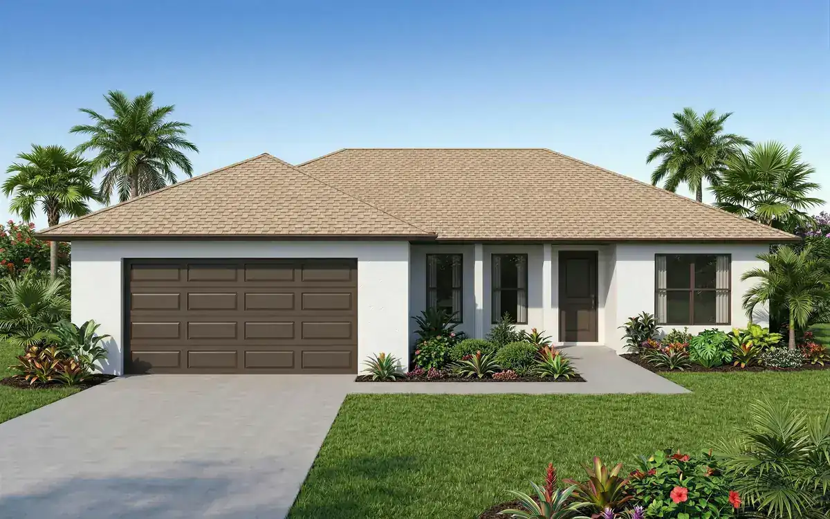 A single-story white stucco home with a two-car garage and palms in Florida